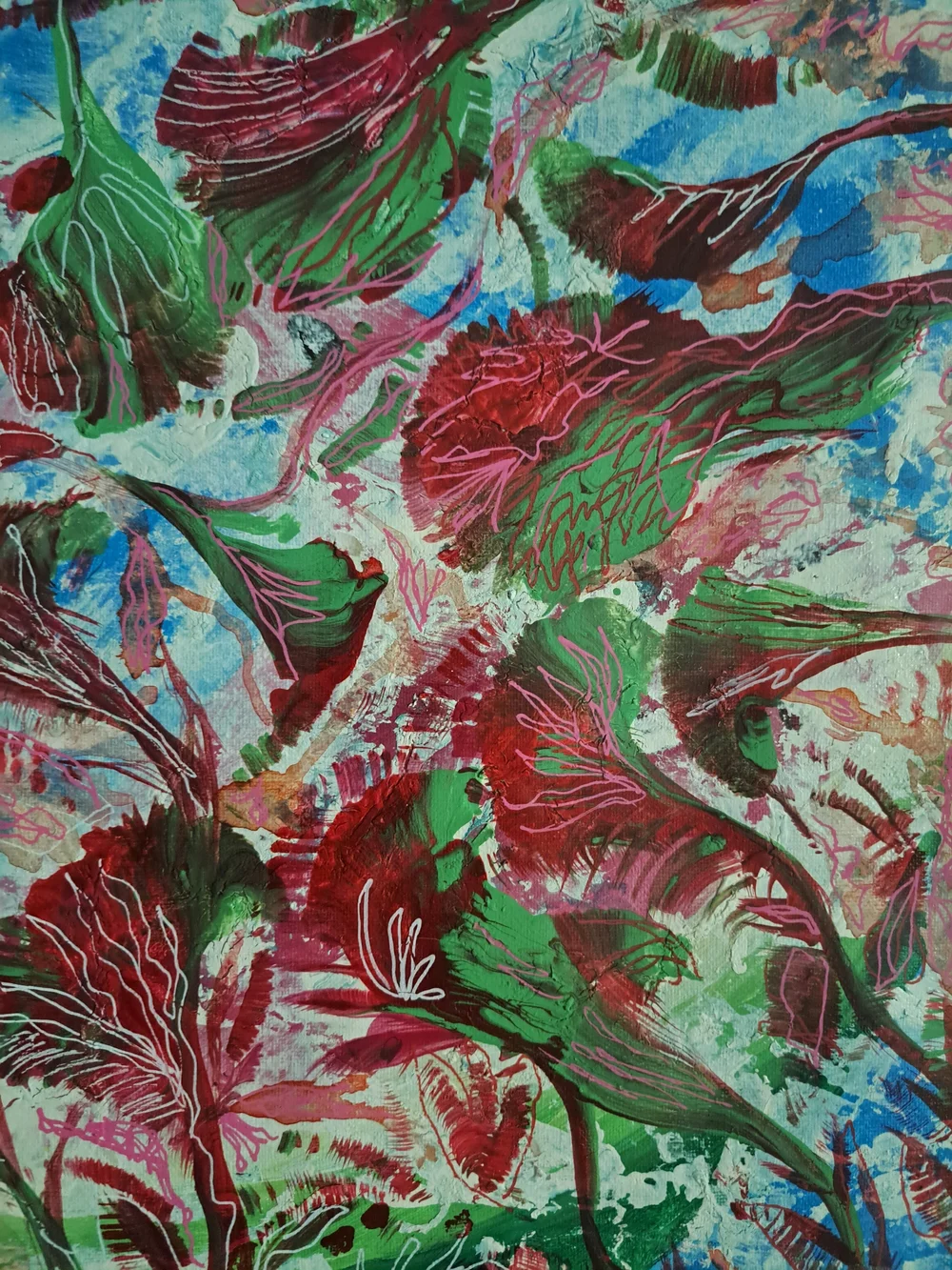 Framed Botanical Abstract Wall Art in Red and Green